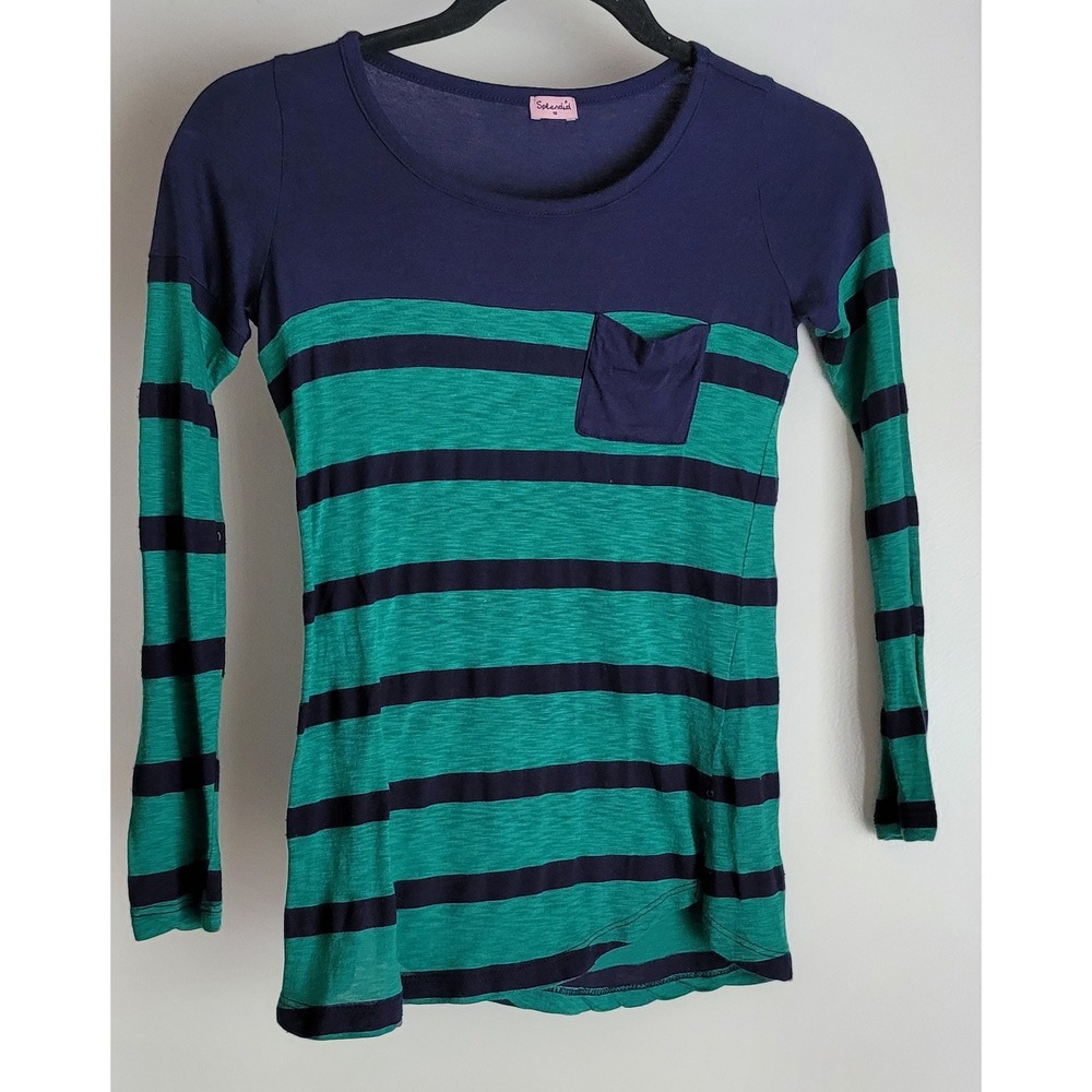 Splendid Girls Long Sleeve T-Shirt Size 10 Blue Green Striped Casual Tee Top